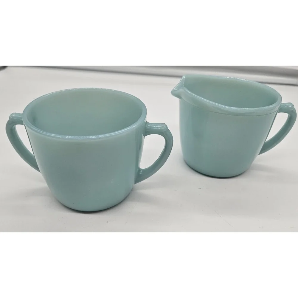Fire-King Turquoise Blue Milk‎ Glass Creamer and Sugar Bowl Set Vintage USA MCM
